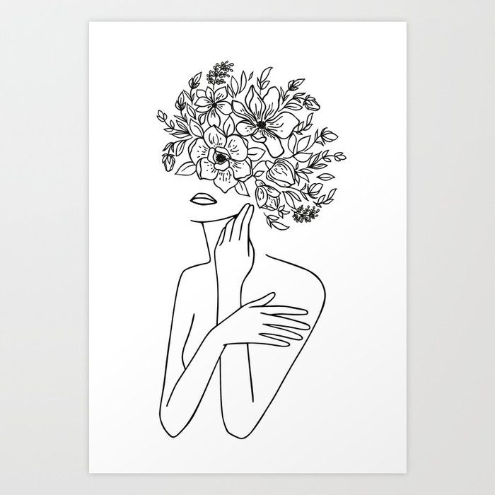 Woman With Flowers Minimal Line Art Art Print