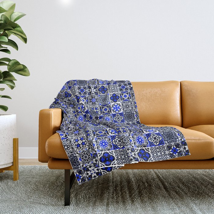 N26 - Blue Wonderful Traditional Moroccan Vintage Tiles Artwork Throw Blanket