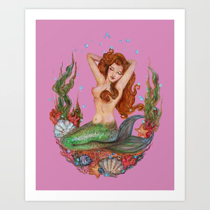 Pinky Rose La Rouge pin-up mermaid of your dreams red head sea nymph Art Print