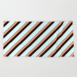 [ Thumbnail: Brown, Light Salmon, Black & Light Cyan Colored Stripes Pattern Beach Towel ]