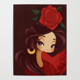 Spanish  flamenco chibi manga girl  with big red rose in flowing hair Poster