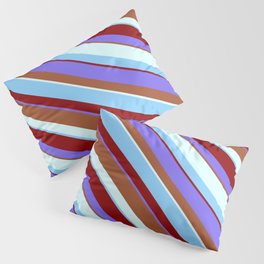 [ Thumbnail: Medium Slate Blue, Sienna, Light Cyan, Light Sky Blue, and Dark Red Colored Striped Pattern Pillow Sham ]