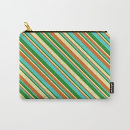 [ Thumbnail: Pale Goldenrod, Chocolate, Turquoise & Forest Green Colored Lines Pattern Carry-All Pouch ]
