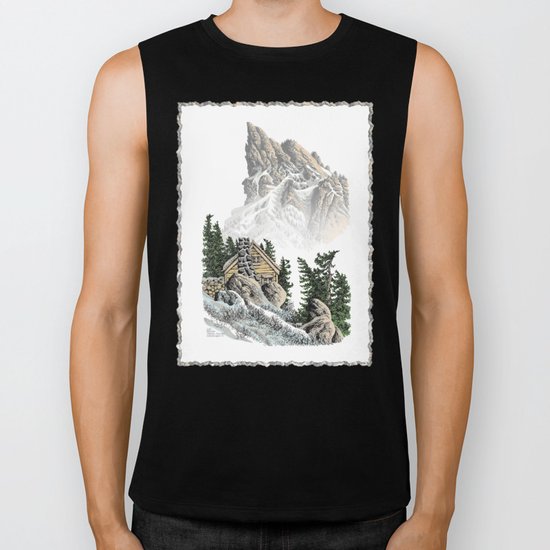 MOUNTAIN CABIN PEN DRAWING FROM THE NORTH CASCADE RANGE Biker Tank
