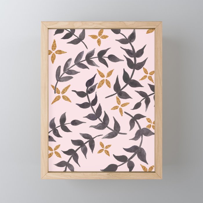 Black, pink and gold floral pattern Framed Mini Art Print