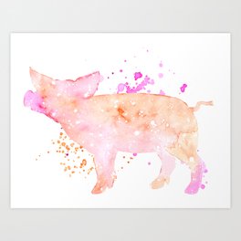 watercolor pig sillhouette pink porker piglet splash painting galaxy Art Print