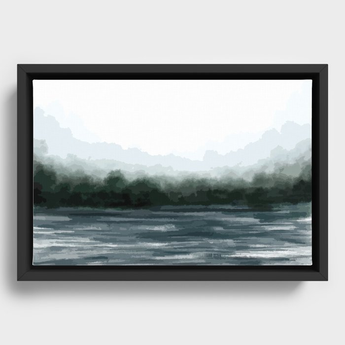 Foggy Lake Abstract Landscape Painting Framed Canvas