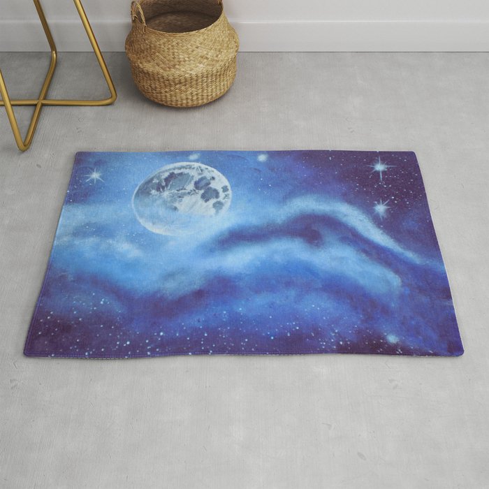 Blue Full Moon and Clouds - Original Abstract Painting Rug