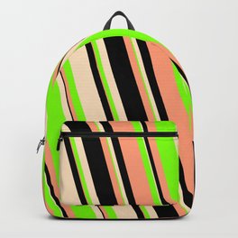 [ Thumbnail: Light Salmon, Black, Bisque & Chartreuse Colored Striped/Lined Pattern Backpack ]