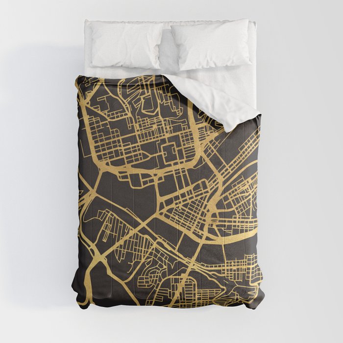 PITTSBURGH PENNSYLVANIA GOLD ON BLACK CITY MAP Comforter