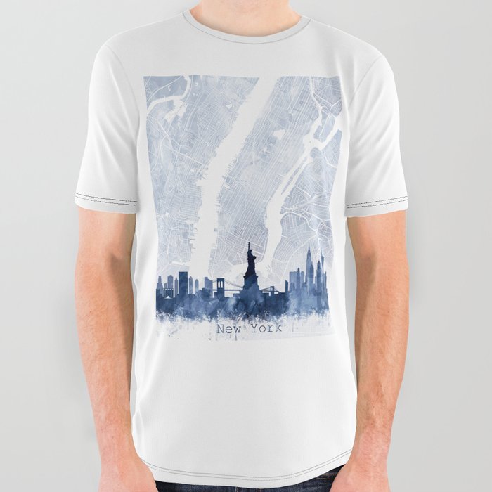 New York Skyline Map Watercolor Navy Blue, Print by Zouzounio Art All Over Graphic Tee