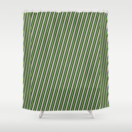 [ Thumbnail: Eye-catching Tan, Dark Grey, Midnight Blue, Chartreuse, and Black Colored Stripes/Lines Pattern Shower Curtain ]