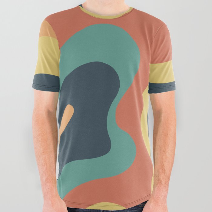 Trippy Psychedelic Abstract in Charcoal, Teal, Orange and Yellow All Over Graphic Tee
