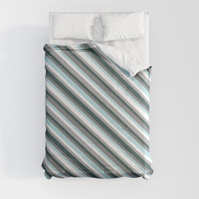 Dark Slate Gray, Grey, Powder Blue, White, and Dark Grey Colored Lined/Striped Pattern Comforter