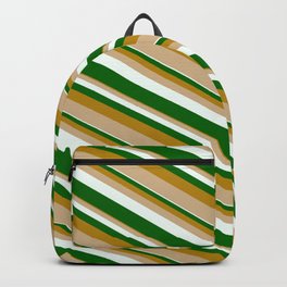 [ Thumbnail: Dark Goldenrod, Tan, Mint Cream & Dark Green Colored Lined/Striped Pattern Backpack ]