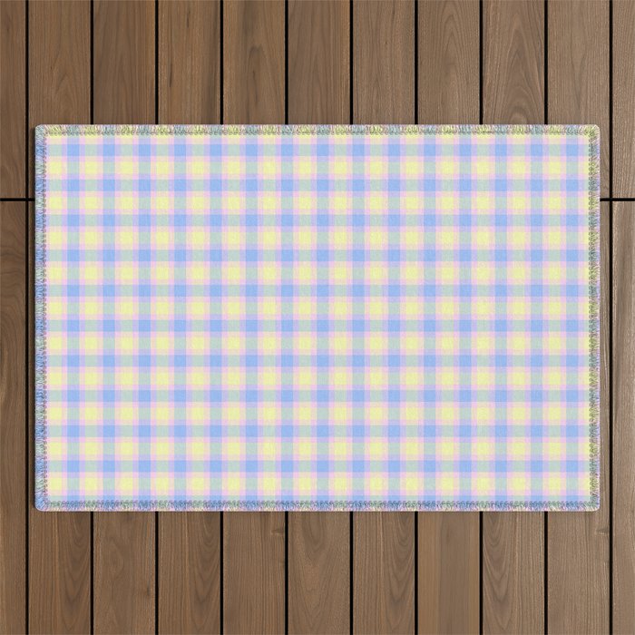 Modern Pastel Blue Pink and Yellow Buffalo Plaid Outdoor Rug