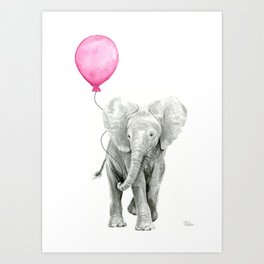 Baby Elephant with Pink Balloon Art Print