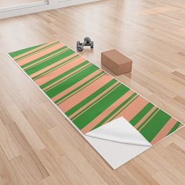[ Thumbnail: Forest Green & Light Salmon Colored Lined/Striped Pattern Yoga Towel ]