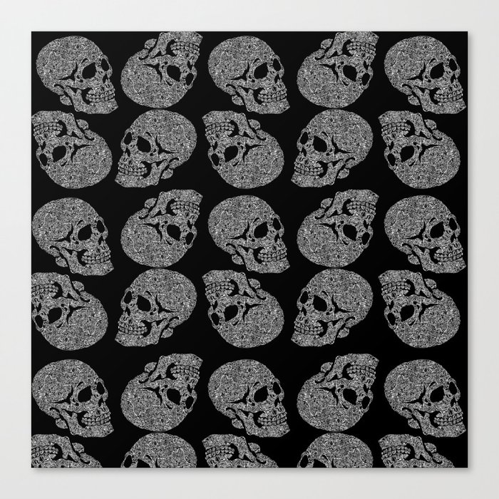 Skull Doodle Pattern White On Black Trippy Art Canvas Print By