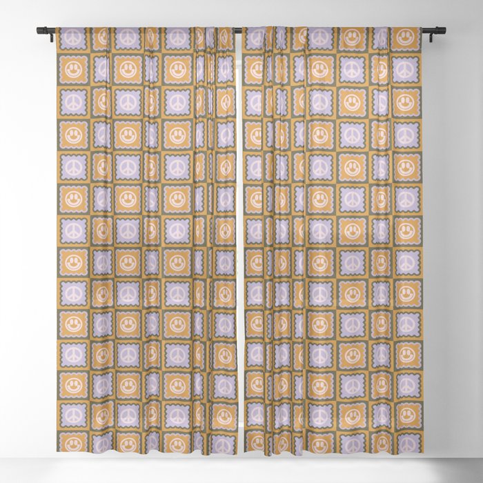 Funky Checkered Smileys and Peace Symbol Pattern (Dark Brown, Ginger Brown, Lilac, Muted Pink) Sheer Curtain