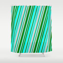 [ Thumbnail: Green, Cyan, and Light Gray Colored Lines Pattern Shower Curtain ]