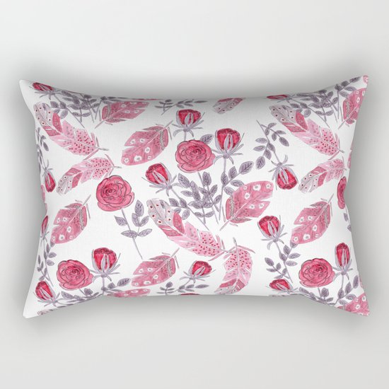 Watercolor . Floral pattern with bird feather .1 Rectangular Pillow