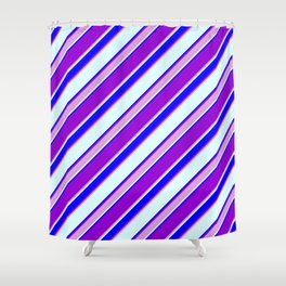 [ Thumbnail: Dark Violet, Plum, Light Cyan & Blue Colored Lined/Striped Pattern Shower Curtain ]