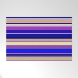 [ Thumbnail: Colorful Dark Orchid, Dark Blue, Beige, Blue & Tan Colored Striped Pattern Welcome Mat ]