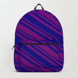 [ Thumbnail: Purple & Dark Blue Colored Pattern of Stripes Backpack ]