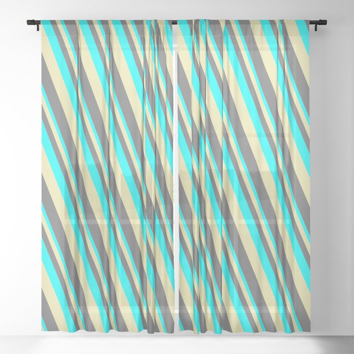 Cyan, Pale Goldenrod & Dim Grey Colored Lines/Stripes Pattern Sheer Curtain