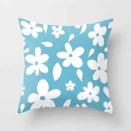 Minimalistic Cute White Flowers - Blue Throw Pillow
