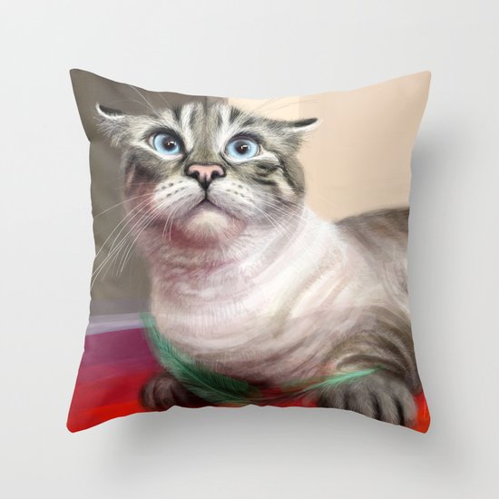 Cat Surprised Funny Animals with Feather Siamese Lynx-Point Throw Pillow