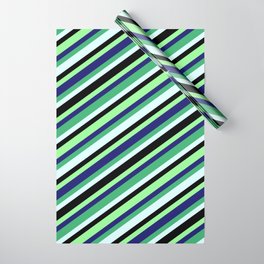 [ Thumbnail: Eyecatching Sea Green, Light Cyan, Black, Green, and Midnight Blue Colored Striped/Lined Pattern Wrapping Paper ]