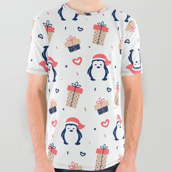 Christmas Pattern Gifts Penguin Cute All Over Graphic Tee