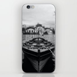 Ships in the blue harbor with seagull portrait black and white photograph / photography iPhone Skin