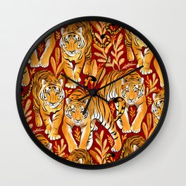 The Hunt - Golden Orange Tigers on Crimson Red Wall Clock
