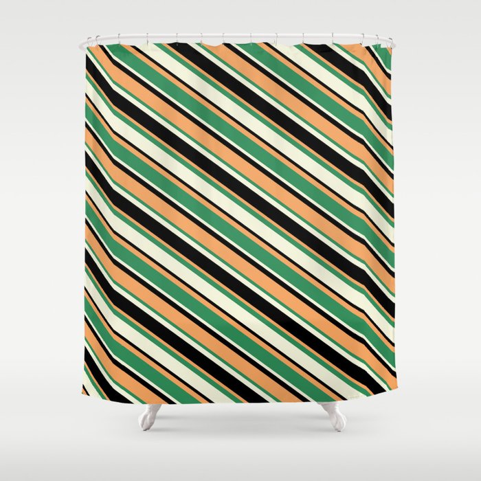 Brown, Sea Green, Beige & Black Colored Striped Pattern Shower Curtain