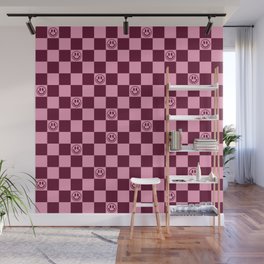 Smiley Faces On Checkerboard (Pink & Wine Burgundy)  Wall Mural
