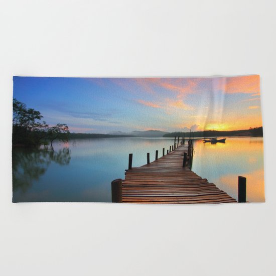 Pier on the Water at Sunset Beach Towel