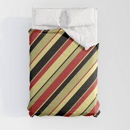 [ Thumbnail: Dark Khaki, Red, Tan, and Black Colored Pattern of Stripes Comforter ]