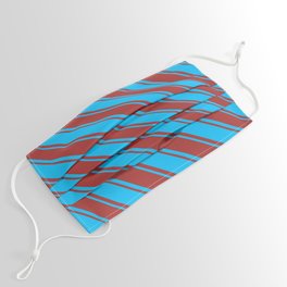 [ Thumbnail: Deep Sky Blue & Brown Colored Striped Pattern Face Mask ]