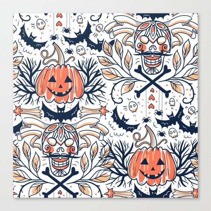 Halloween Pumpkin Scary Design Pattern White Canvas Print