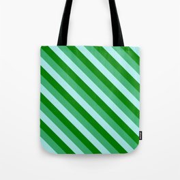 [ Thumbnail: Green, Sea Green, and Turquoise Colored Lined/Striped Pattern Tote Bag ]