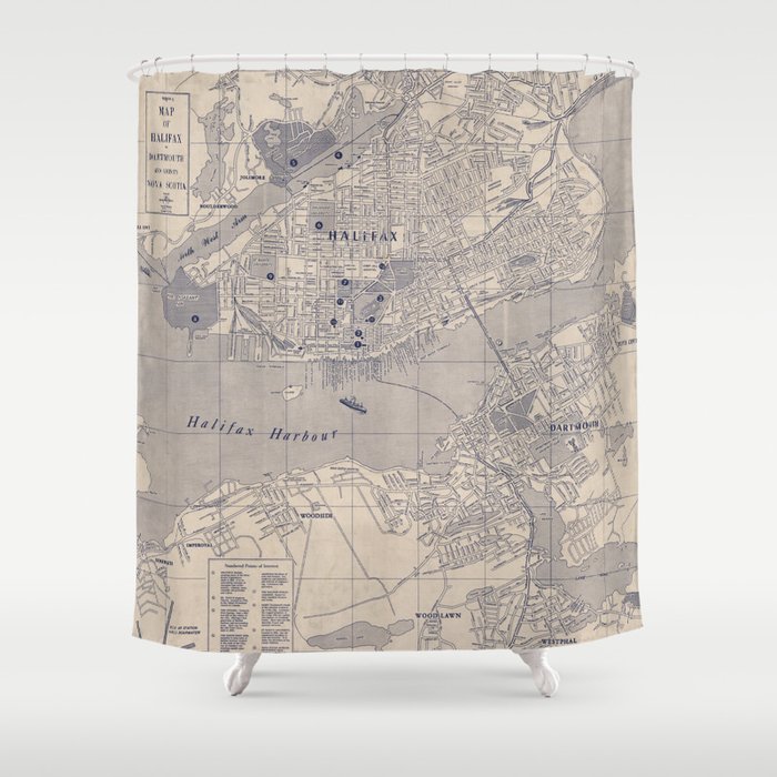 1950 Vintage Map of Halifax and Dartmouth Nova Scotia Shower