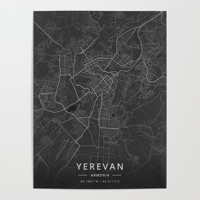 Yerevan, Armenia - Dark Map Poster