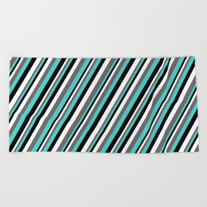 White, Dim Gray, Turquoise, and Black Colored Lined Pattern Beach Towel