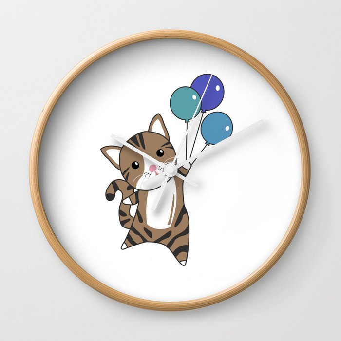 Cat Flies Up With Colorful Balloons Wall Clock