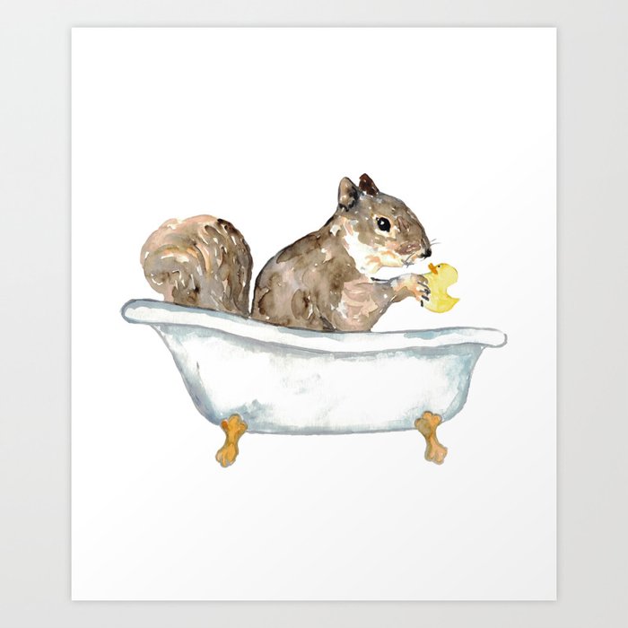 Squirrel taking bath watercolor Art Print