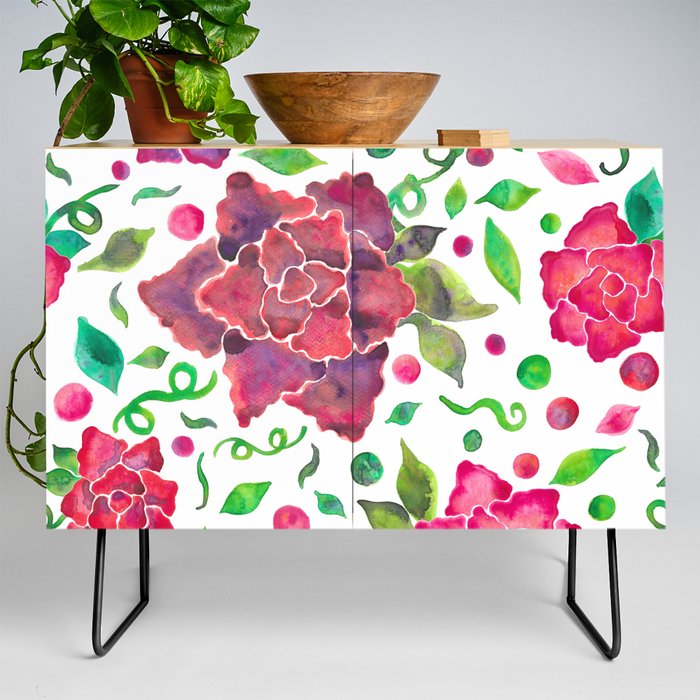 Watercolor Large Roses with Dots Credenza