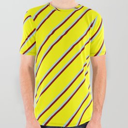[ Thumbnail: Yellow, Powder Blue, and Maroon Colored Stripes Pattern All Over Graphic Tee ]
